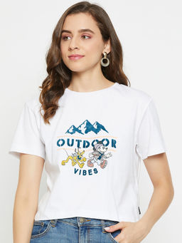 Madame - Women Printed White Crop T-Shirt