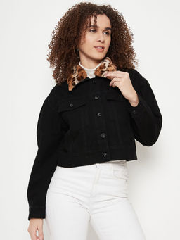 Madame - Women Solid Black Crop Jacket