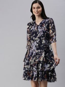 SHOWOFF - Women's Knee Length Floral Navy Blue V-neck Fit And Flare Dress