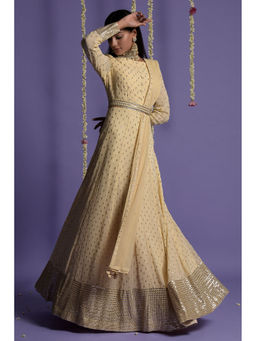 "Two Sisters" by Gyans - Cream Embroidered Anarkali Kurta & Dupatta with Belt (Set of 3)