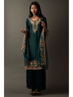 "Two Sisters" by Gyans - Multi Embroidery Bottle Green Kurta with Dupatta & Pant (Set of 3)