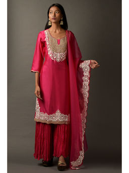 "Two Sisters" by Gyans - Hot Pink White Thread Kurta with Dupatta & Pant (Set of 3)