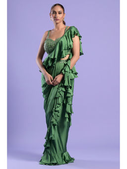 "Two Sisters" by Gyans - Green Embellished Pre-Draped Saree with Blouse & Belt