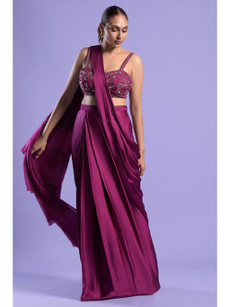 "Two Sisters" by Gyans - Wine Satin Stitched Blouse with Pre-Draped Saree