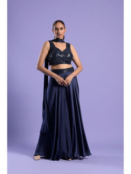 "Two Sisters" by Gyans - Midnight Blue Satin Blouse with Palazzo & Dupatta (Set of 3)