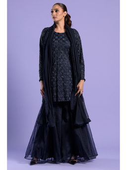 "Two Sisters" by Gyans - Navy Blue Cut Dana & Sequins Kurta with Sharara & Dupatta (Set of 3)