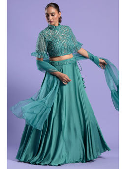 "Two Sisters" by Gyans - Teal High Neck Crop Top with Dupatta & Skirt (Set of 3)