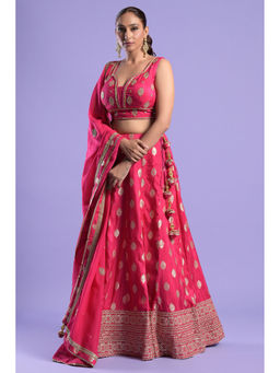 "Two Sisters" by Gyans - Fuchsia Pink Banarasi Zari Blouse & Lehenga with Dupatta (Set of 3)