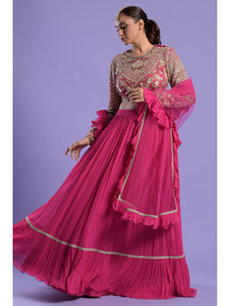 "Two Sisters" by Gyans - Fuchsia Pink Embellished Blouse & Lehenga with Dupatta (Set of 3)