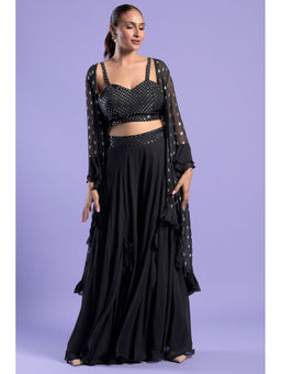 "Two Sisters" by Gyans - Black Georgette Embellished Cape with Bustier & Palazzo (Set of 3)