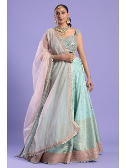 "Two Sisters" by Gyans - Turquoise Embellished Banarasi Blouse & Lehenga with Dupatta (Set of 3)