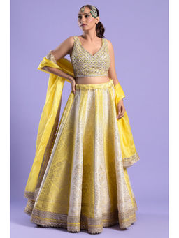 "Two Sisters" by Gyans - Yellow & Ivory Mirror Work Blouse & Lehenga with Dupatta (Set of 3)