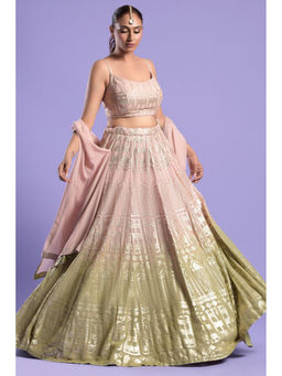 "Two Sisters" by Gyans - Nude Pink Ombre Organza Blouse & Lehenga with Dupatta (Set of 3)