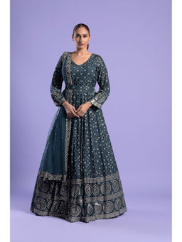 "Two Sisters" by Gyans - Teal Silk Printed And Anarkali Kurta & Dupatta with Belt (Set of 3)