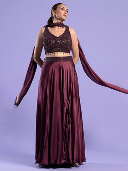 "Two Sisters" by Gyans - Wine Embellished Satin Blouse with Sharara & Dupatta (Set of 3)