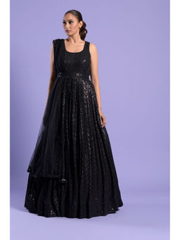 "Two Sisters" by Gyans - Black Embellished Anarkali Kurta & Dupatta with Belt (Set of 3)