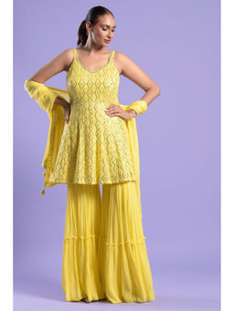 "Two Sisters" by Gyans - Yellow Chikankari Georgette Kurti with Gharara & Dupatta (Set of 3)