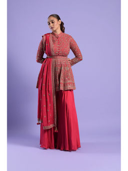 "Two Sisters" by Gyans - Red Georgette Kurti, Dupatta with Sharara & Belt (Set of 4)