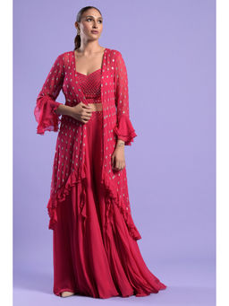 "Two Sisters" by Gyans - Fuchsia Pink Embellished Crop Top with Cape & Palazzo (Set of 3)