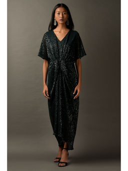 "Two Sisters" by Gyans - Bottle Green Embellished Draped Dress