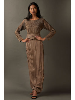 "Two Sisters" by Gyans - Beige Satin Embellished Dress