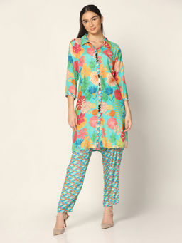 "Two Sisters" by Gyans - Blue Multicolored Printed Co-Ord (Set of 2)