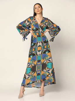"Two Sisters" by Gyans - Blue Printed Crepe Wrap Around Dress
