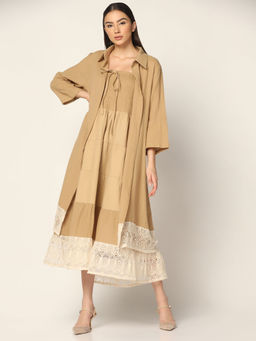 "Two Sisters" by Gyans - Beige Midi Dress with A Long Overshirt (Set of 2)