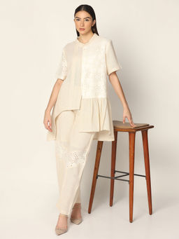 "Two Sisters" by Gyans - Off-White Asymmetrical Cotton Co-Ord (Set of 2)