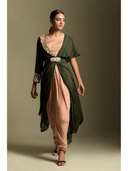 "Two Sisters" by Gyans - Olive Green Chiffon Jacket with Kurta, Dhoti Pant & Belt (Set of 4)