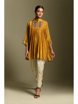 "Two Sisters" by Gyans - Mustard Crepe Tunic with Cowled Pant (Set of 2)