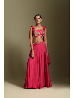 "Two Sisters" by Gyans - Fuchsia Pink Chiffon Crop Top with Palazzo & Dupatta (Set of 3)
