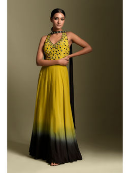 "Two Sisters" by Gyans - Yellow And Black Crepe Anarkali Kurta & Dupatta (Set of 2)