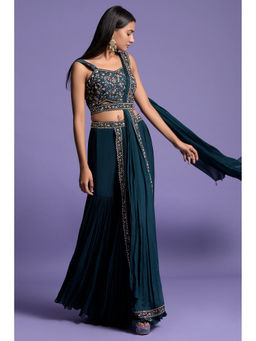 "Two Sisters" by Gyans - Teal Blue Crop Top, Belt & Gharara with Attached Dupatta (Set of 3)
