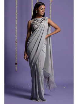 "Two Sisters" by Gyans - Grey And Silver Stitched Blouse with Pre-Draped Saree