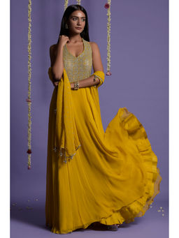"Two Sisters" by Gyans - Mustard Embellished Georgette Anarkali Kurta & Dupatta (Set of 2)