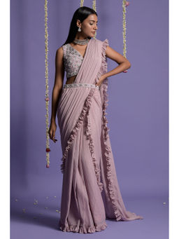 "Two Sisters" by Gyans - Onion Pink Blouse & Pre-Draped Saree Set with Belt