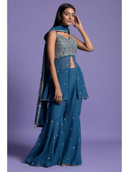 "Two Sisters" by Gyans - Teal Blue Embroidered Organza Kurti with Sharara & Dupatta (Set of 3)