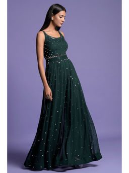 "Two Sisters" by Gyans - Bottle Green Mirror Embroidered Jumpsuit