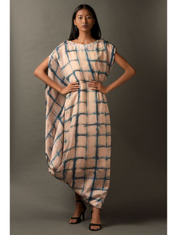 "Two Sisters" by Gyans - Beige Tie Dye Check Print Kaftan Style Dress