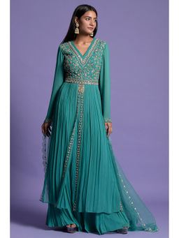 "Two Sisters" by Gyans - Green And Silver Anarkali Kurta & Dupatta with Gharara (Set of 3)