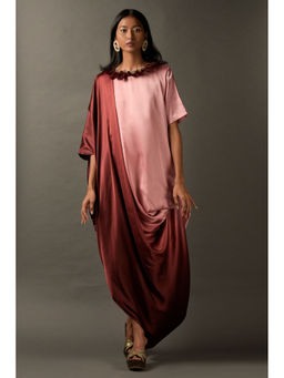 "Two Sisters" by Gyans - Pink & Maroon Ombre Satin Embroidered Dress