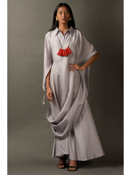 "Two Sisters" by Gyans - Light Grey Satin Draped Jumpsuit