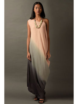 "Two Sisters" by Gyans - Pink & Grey Ombre Georgette Dress with Shell Neckpiece (Set of 2)