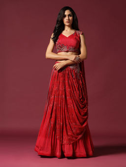 "Two Sisters" by Gyans - Red Georgette Draped Blouse & Lehenga (Set of 2)