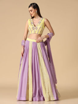 "Two Sisters" by Gyans - Lilac And Lime Embroidered Blouse & Lehenga with Dupatta (Set of 3)