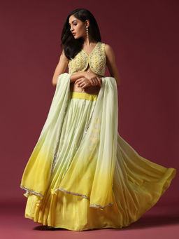 "Two Sisters" by Gyans - Yellow Embroidered Ombre Blouse, Belt & Lehenga with Dupatta (Set of 4)
