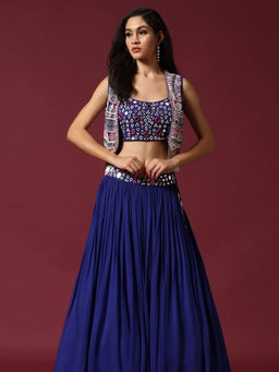 "Two Sisters" by Gyans - Blue Mirror Work Blouse & Lehenga with Cape (Set of 3)