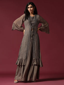 "Two Sisters" by Gyans - Grey Hand Embroidered Blouse with Jacket & Lehenga (Set of 3)