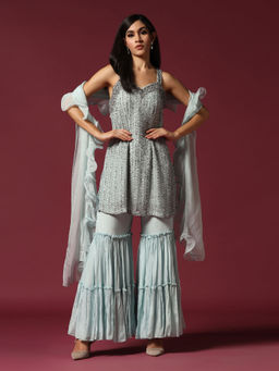 "Two Sisters" by Gyans - Powder Blue Hand Embroidered Kurti with Gharara & Dupatta (Set of 3)